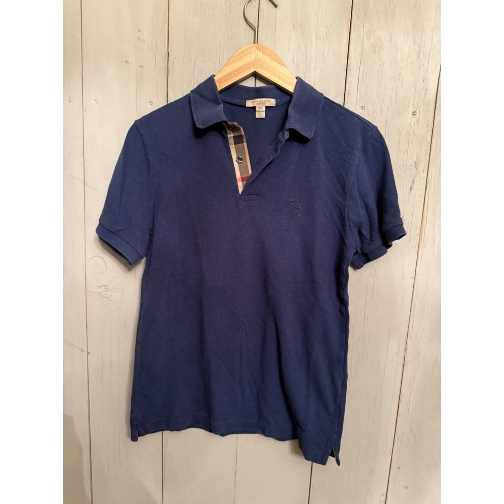 BURBERRY BRIT Short Sleeve COTTON Knit Polo Shirt Sz-S Men's Navy Blue LOGO